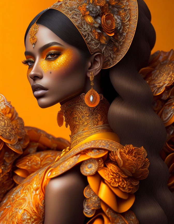 Ornate Golden Attire Woman on Orange Background