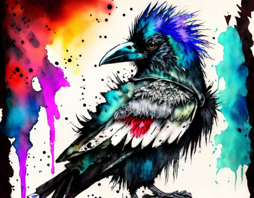 Colorful watercolor painting of a crow with blue and teal feathers and ink splashes.