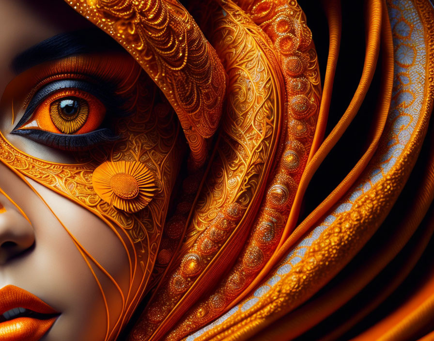 Detailed orange and gold makeup on woman's face with ornate headscarf