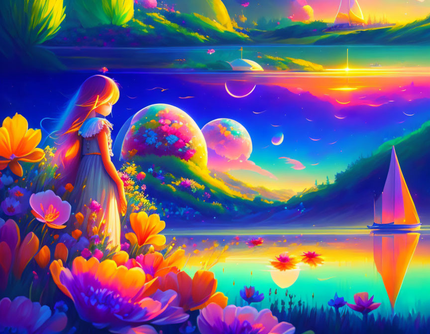 Fantasy landscape with girl, sailboat, planets, stars, and nebula glow