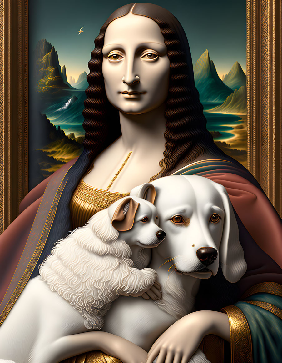 Surreal Mona Lisa with fluffy dog in fantastical landscape