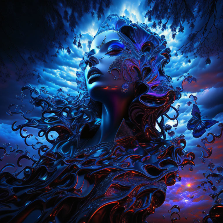 Vivid blue-toned surreal portrait of a woman with flowing hair and butterflies