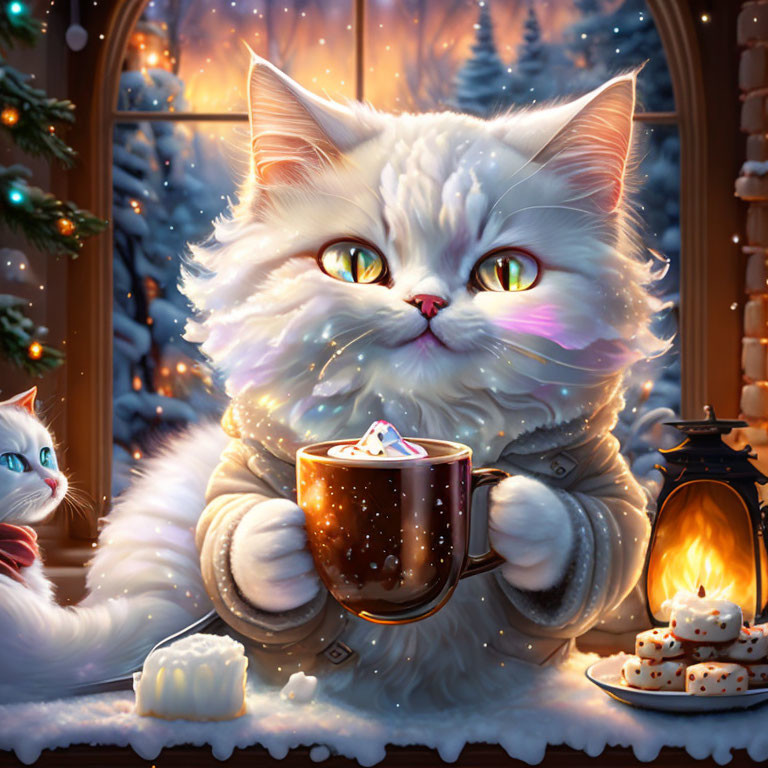 White Cat with Hot Chocolate, Marshmallows, and Cookies by Frosty Window