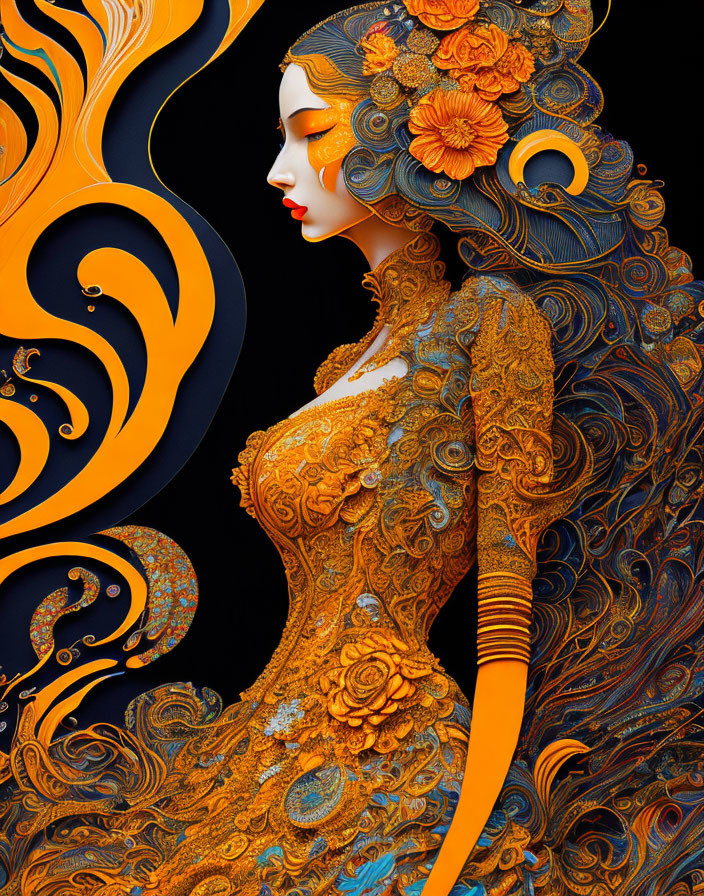 Colorful digital artwork of woman with orange and blue patterns and floral designs