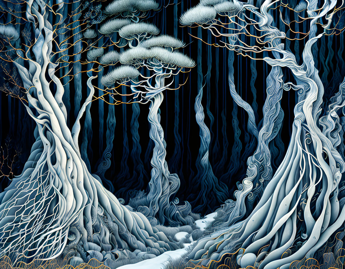 Surreal forest with detailed trees in blue and white palette