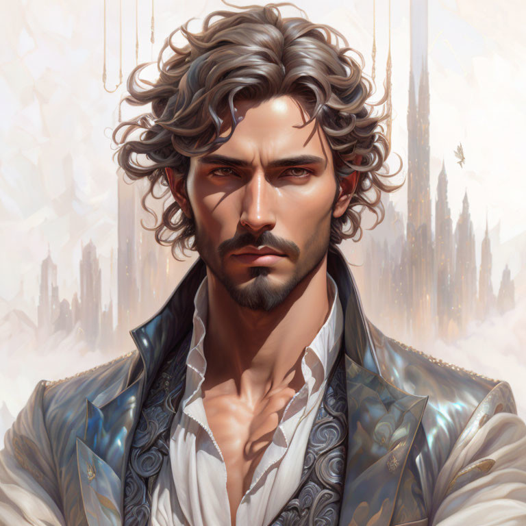 Detailed digital portrait of a man with curly hair and period jacket, against fantastical cityscape.