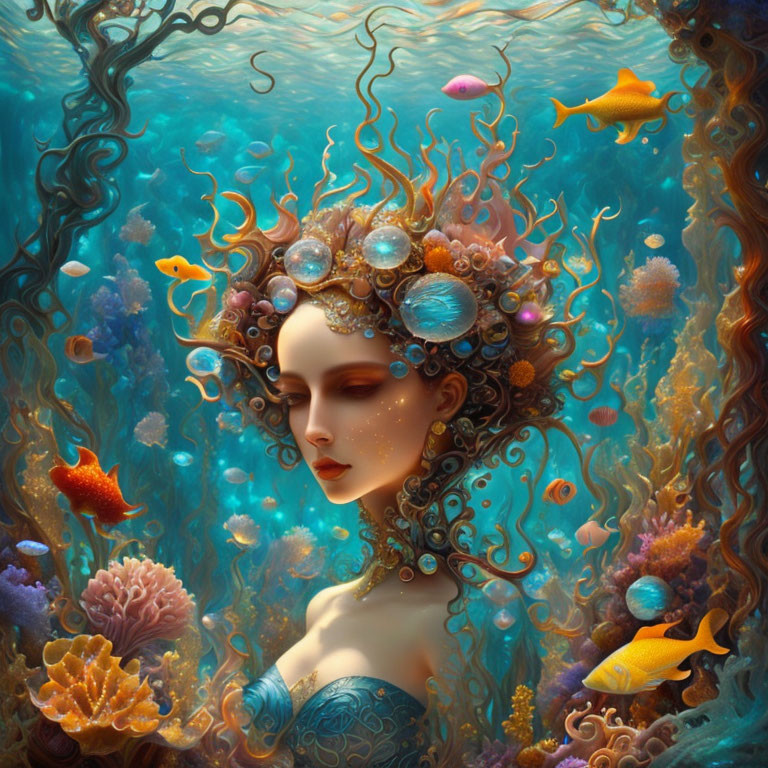 Mermaid with Intricate Marine Life Hair in Vibrant Underwater Scene