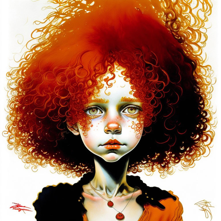 Illustration of girl with red curly hair and freckles wearing black top