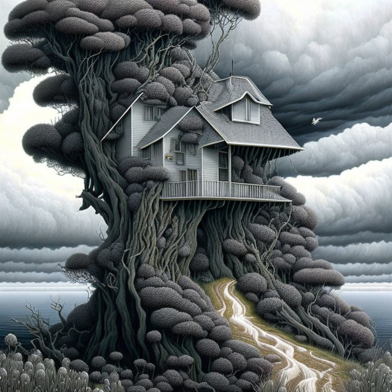 Whimsical artwork: House on tree with dense foliage, stormy sky.