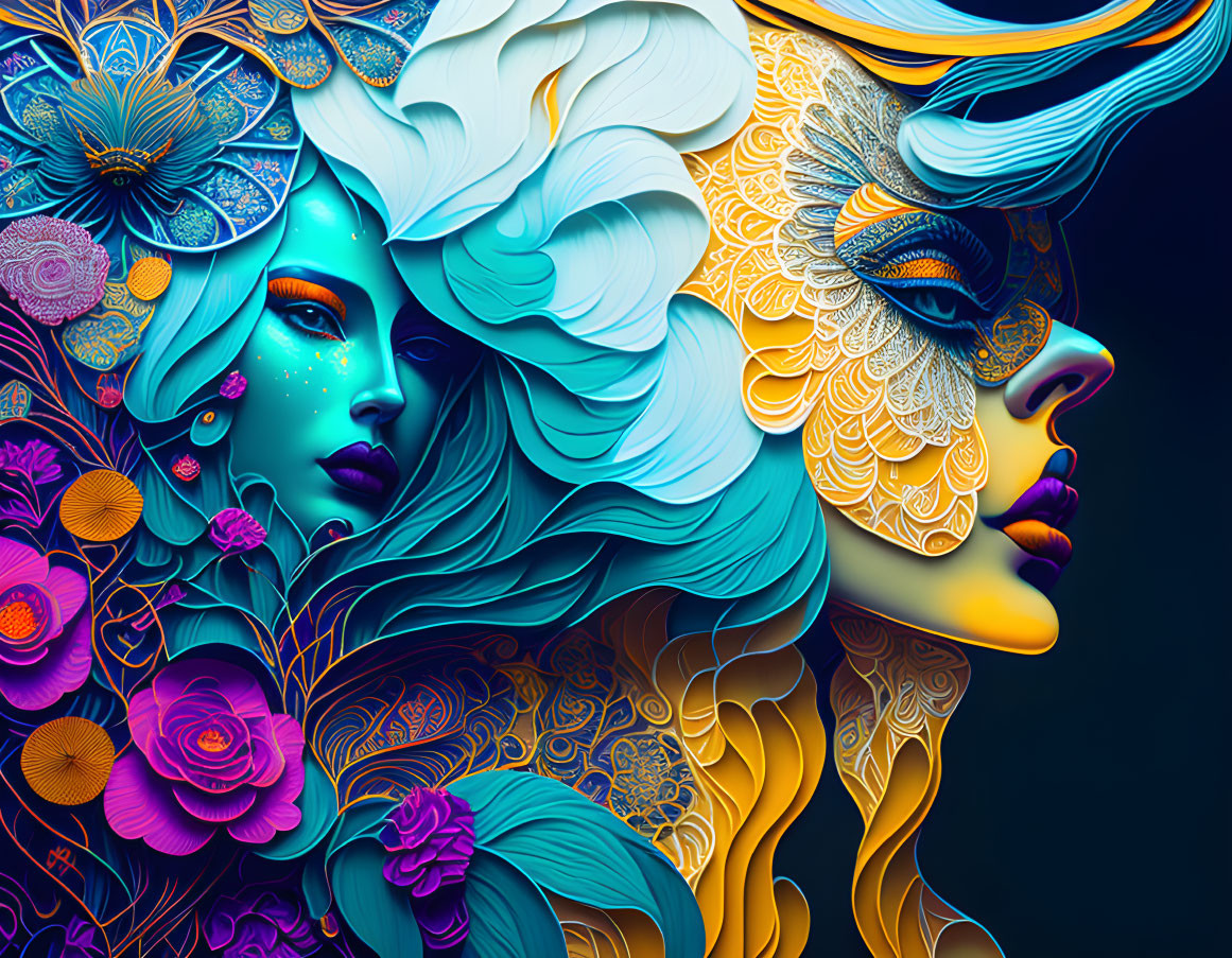 Colorful digital artwork: Two stylized female faces with floral patterns