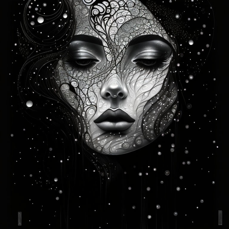 Monochromatic digital artwork of woman's face with lace-like patterns on dark background