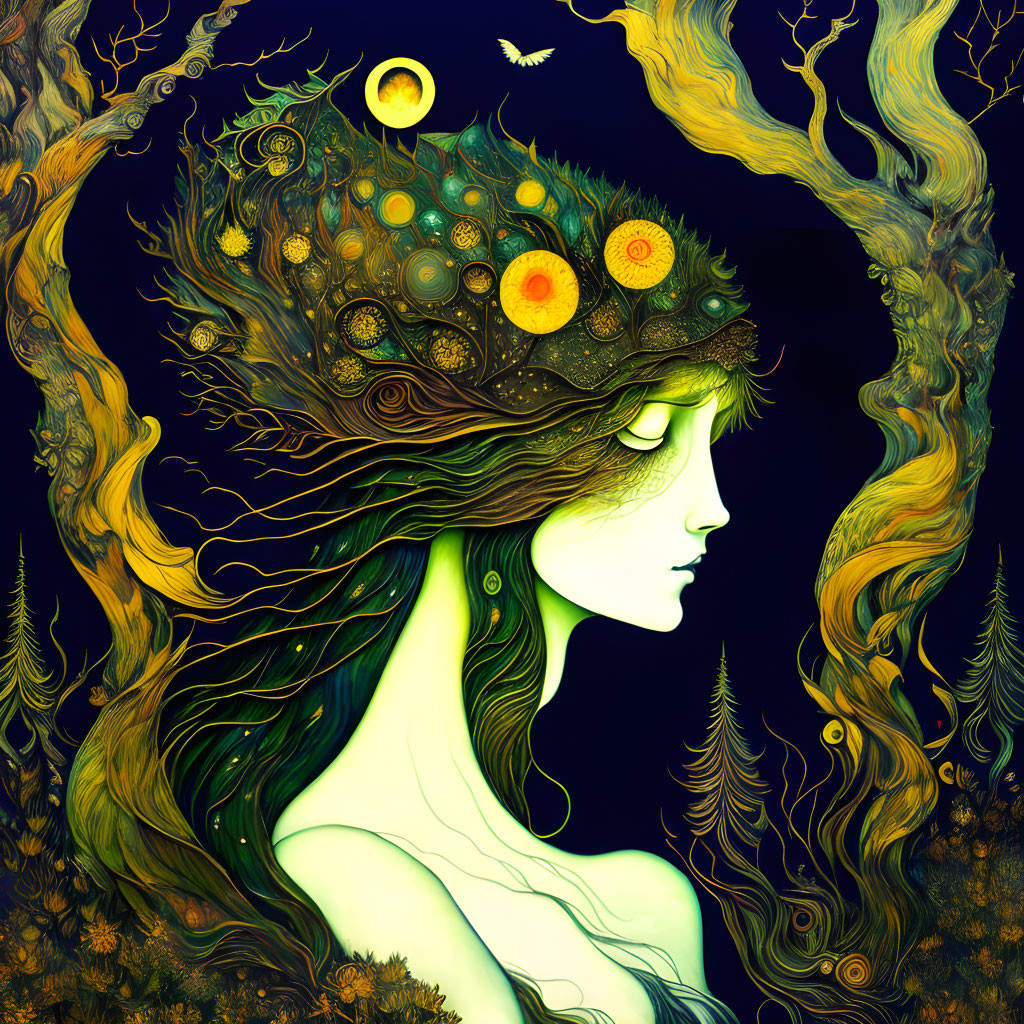 Stylized artwork of woman with tree-like hair in enchanted forest