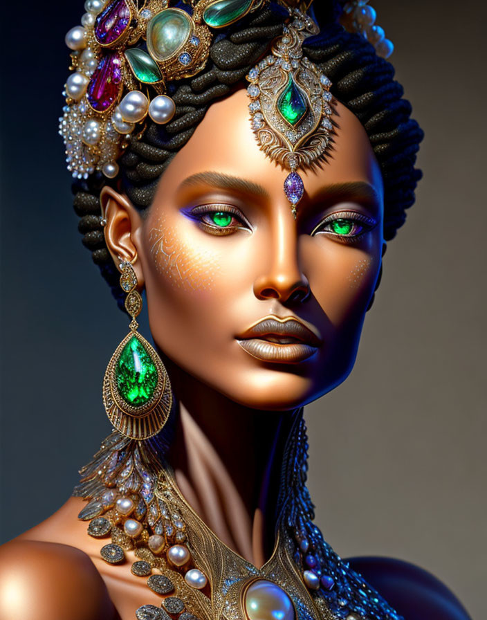 Bronze-skinned woman with regal headpiece and green gemstone jewelry