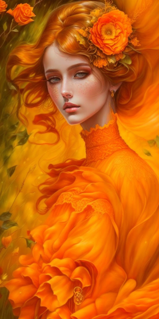 Digital artwork featuring woman with orange flowers in hair and dress against floral background