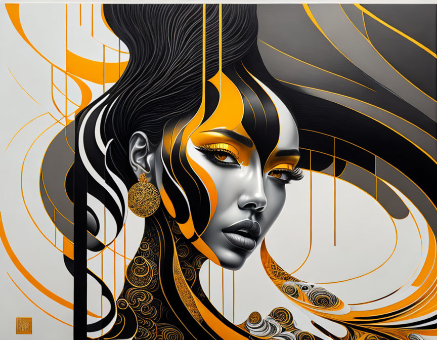 Detailed artwork: Woman with black and gold hair, intricate patterns, hyper-realistic facial features