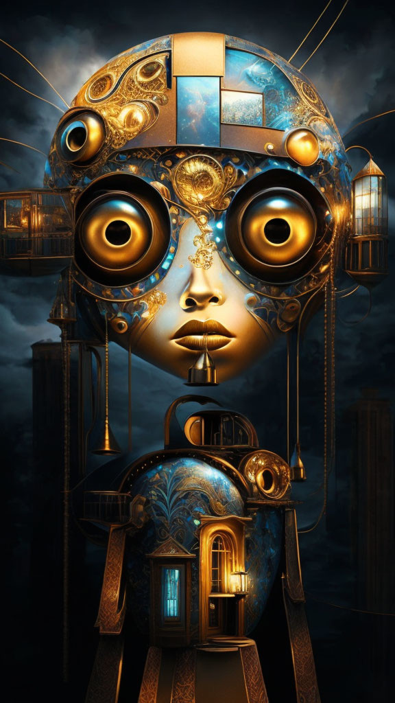 Steampunk-inspired robot with gold and blue details