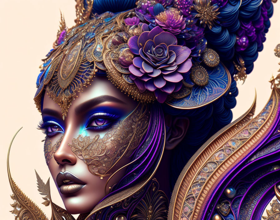 Digital artwork: Woman with gold and purple headpieces, floral adornments, ornate jewelry, blue