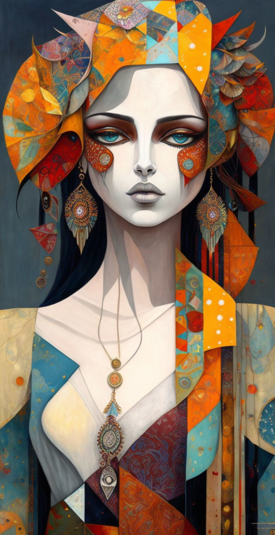 Colorful portrait of a woman with stylized patterns and serene expression