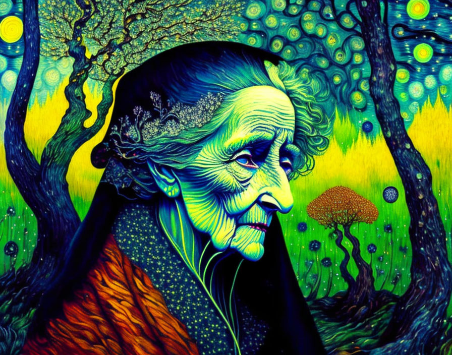 Elderly lady with intricate face patterns in vibrant psychedelic setting