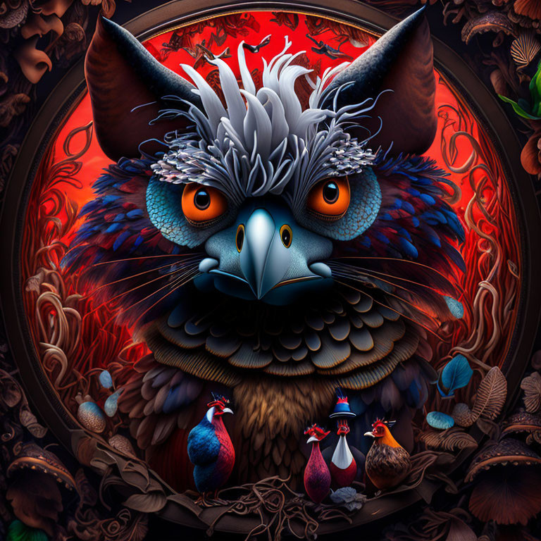 Detailed owl illustration with flora, fauna, and birds in ornate frame