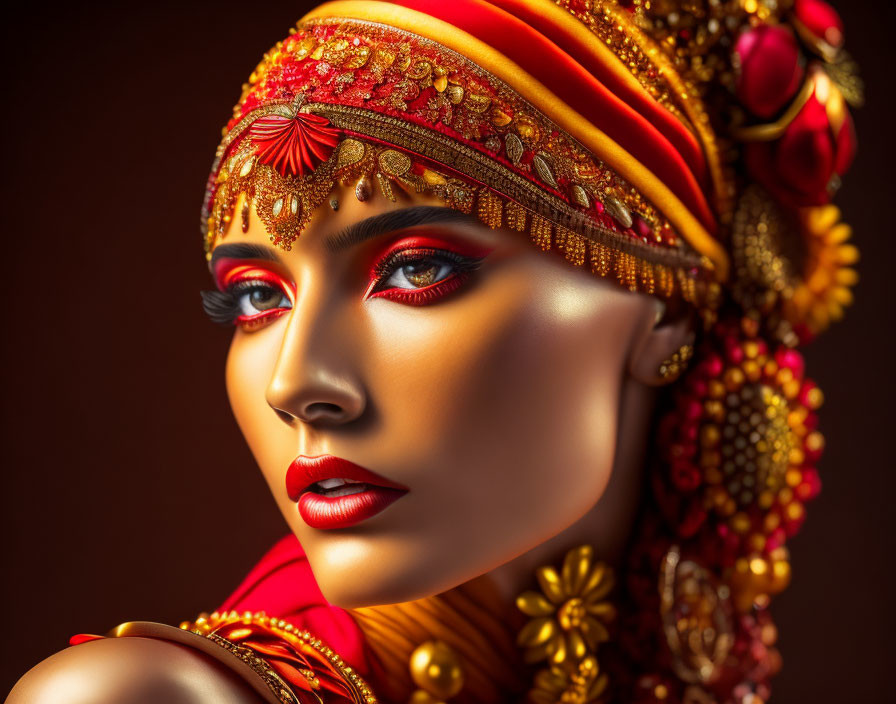 Woman with Striking Red Lipstick and Vibrant Orange Headwrap