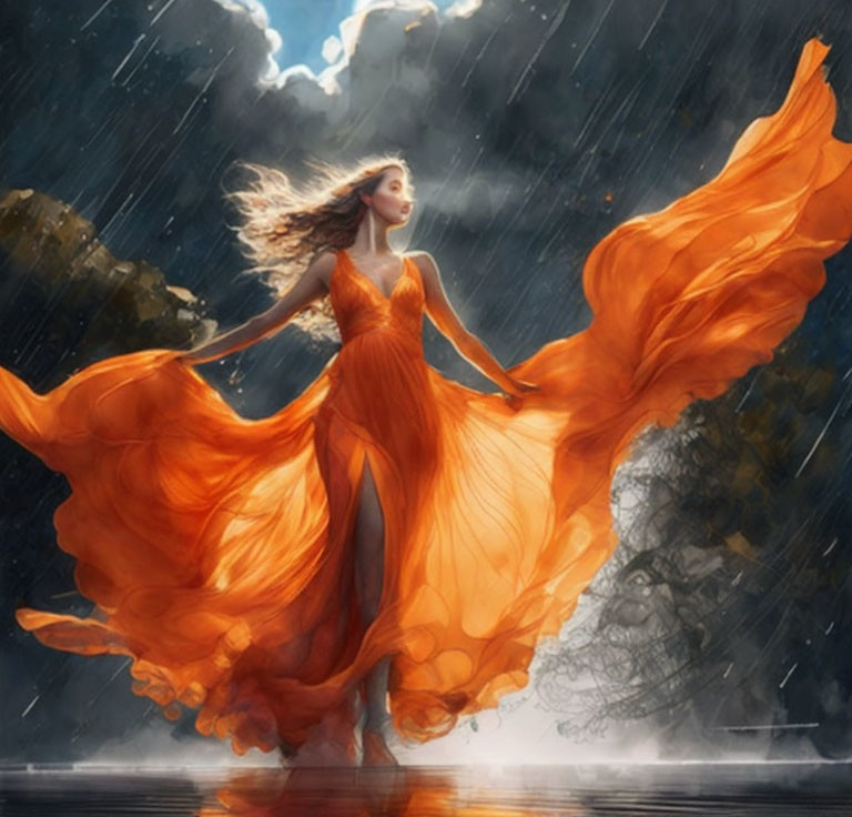 Elegant woman in flowing orange dress under rainstorm