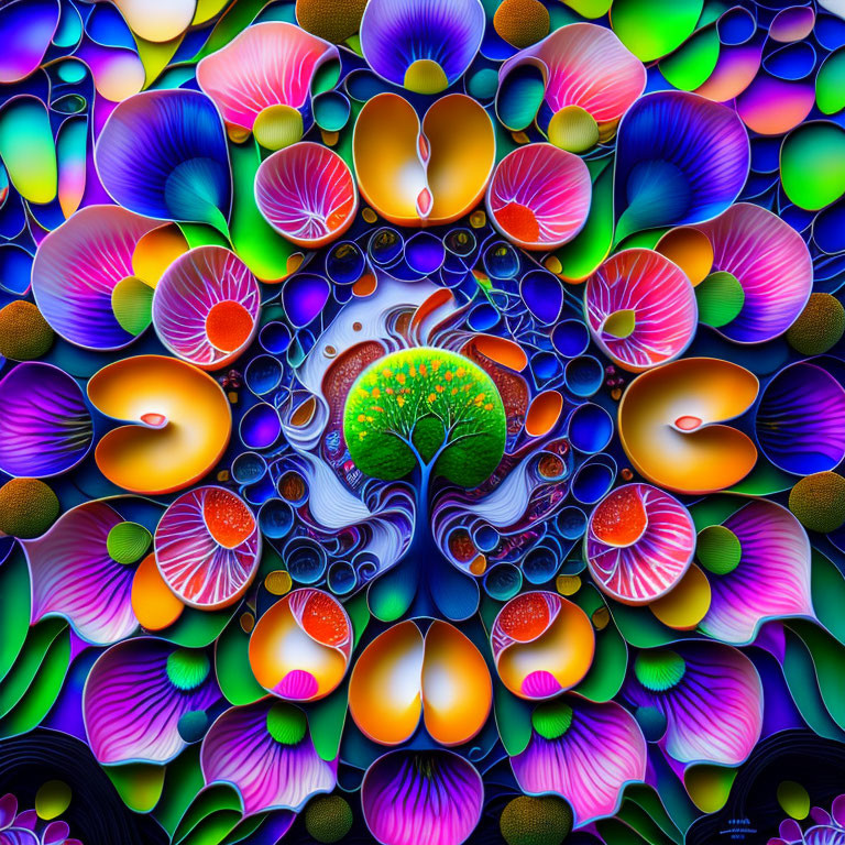 Colorful digital artwork: Organic shapes around central tree