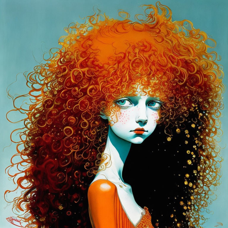 Pale-skinned woman with curly red hair and blue eyes illustration.