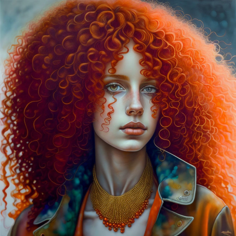 Portrait of a Woman with Curly Red Hair and Blue Eyes