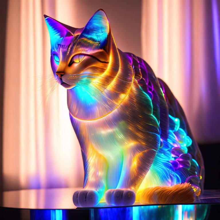 Colorful Neon Cat Sculpture on Reflective Surface against Dim Curtain