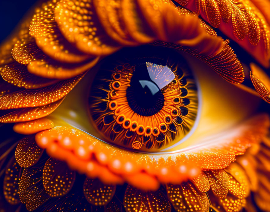 Detailed close-up of eye with orange and yellow fractal patterns