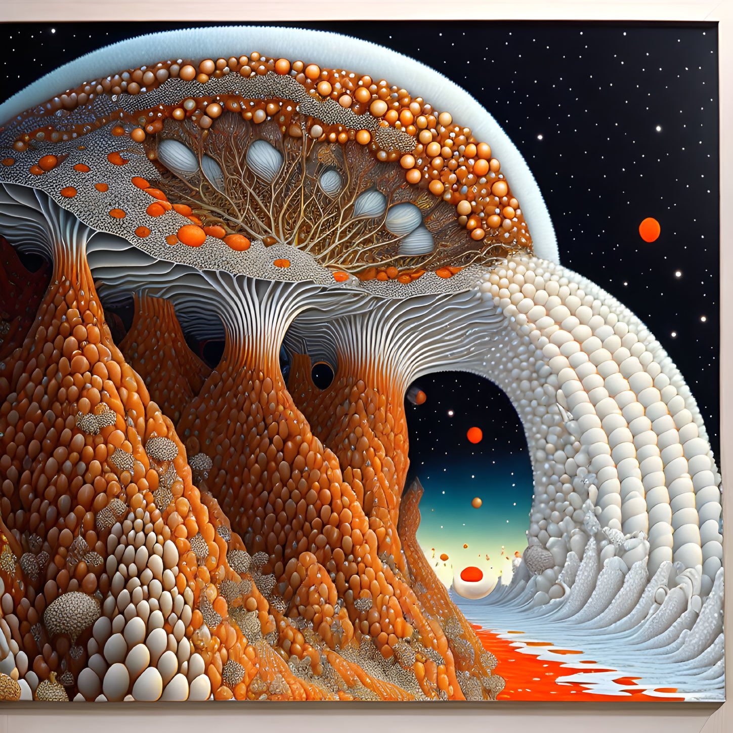 Surreal landscape: tree-like structures, orange and white patterns, starlit sky, floating spheres