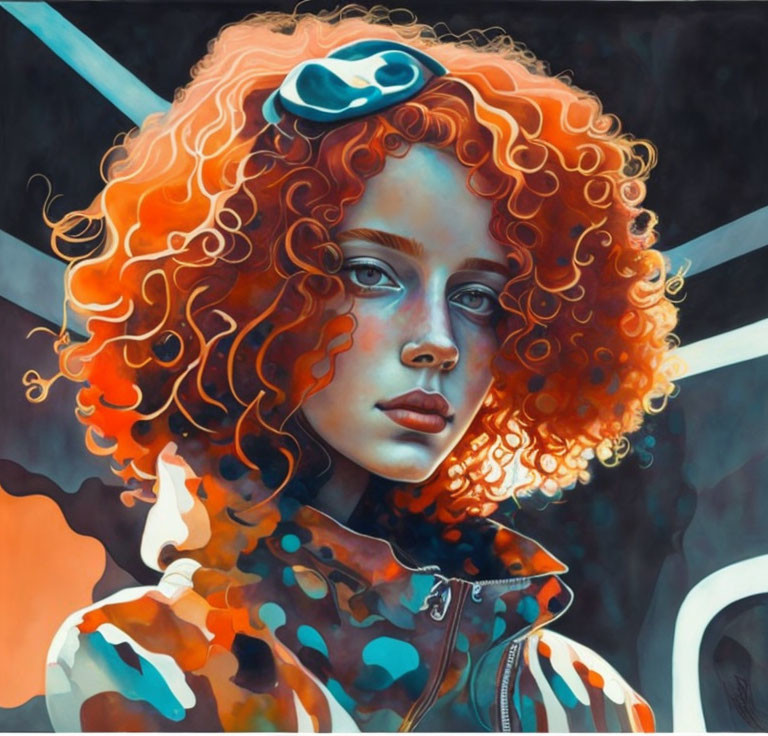 Vibrant portrait of person with curly red hair and colorful attire