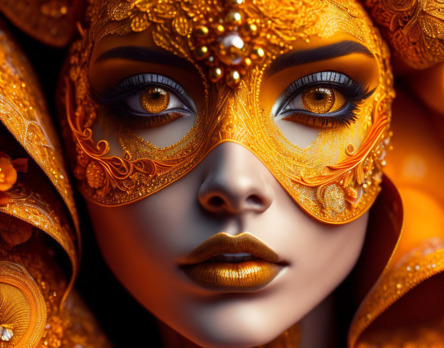 Person with Golden Makeup and Ornate Mask Highlighting Intricate Designs