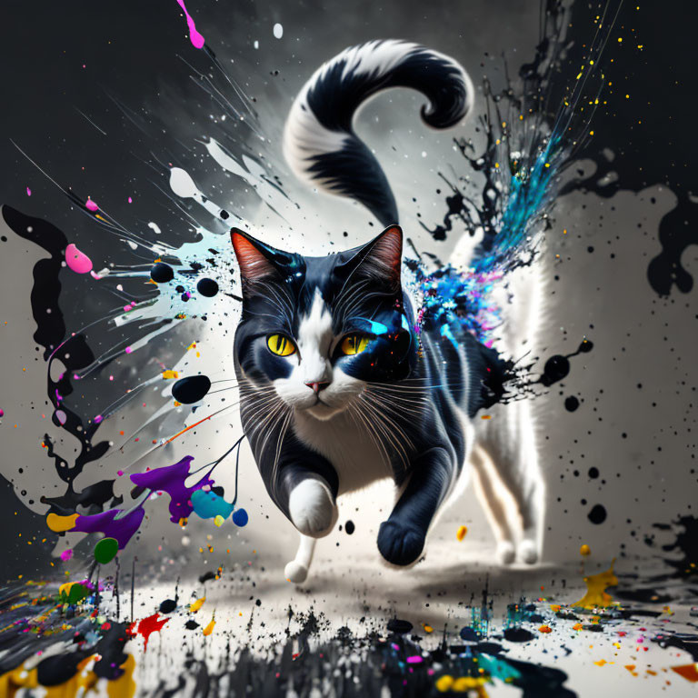 Colorful two-toned cat leaping in paint splatter explosion