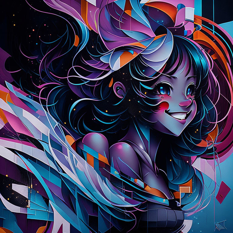 Vibrant digital artwork: stylized girl with cosmic elements & geometric shapes