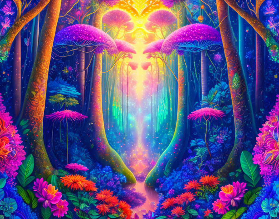 Enchanting forest with oversized mushrooms and colorful flowers