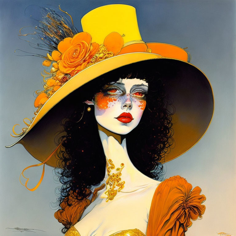 Illustration of pale-skinned woman in yellow hat with orange flowers and feathers