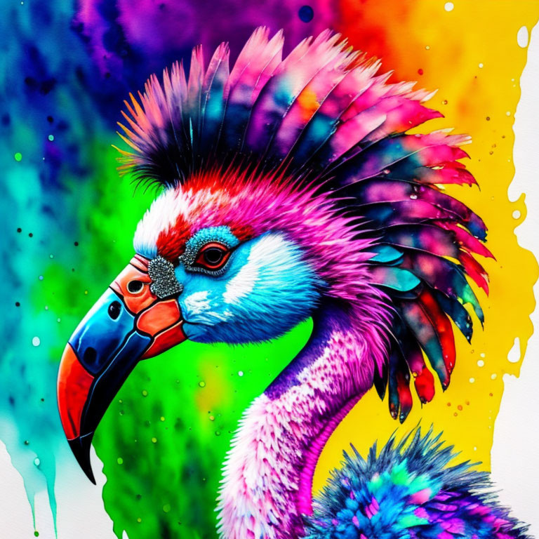 Colorful Bird Illustration with Vibrant Plumage and Dripping Paint Effects