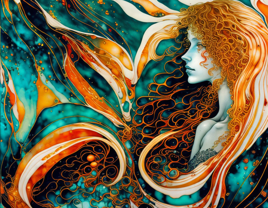 Vibrant woman with red hair and ornate patterns in turquoise and orange swirls