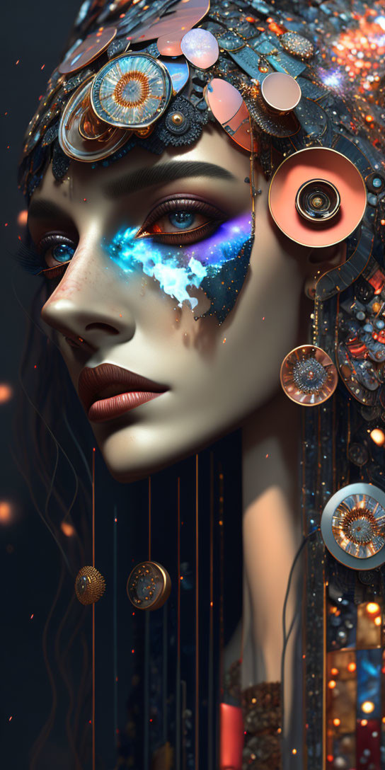 Surreal digital artwork of female figure with gear headpiece