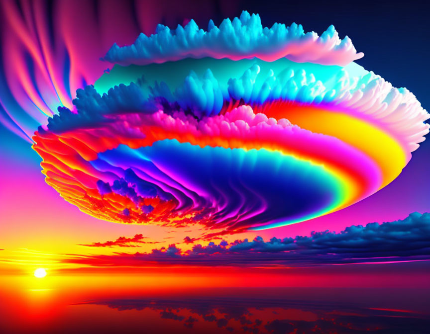 Colorful Digital Art: Neon Cloud Over Sunset Sea