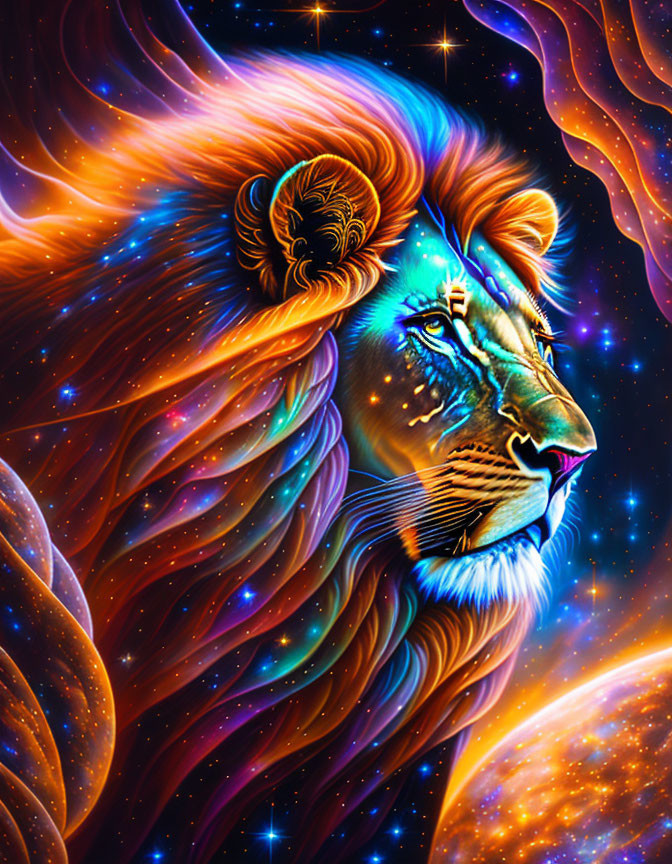 Colorful cosmic lion with starry mane in vibrant artwork