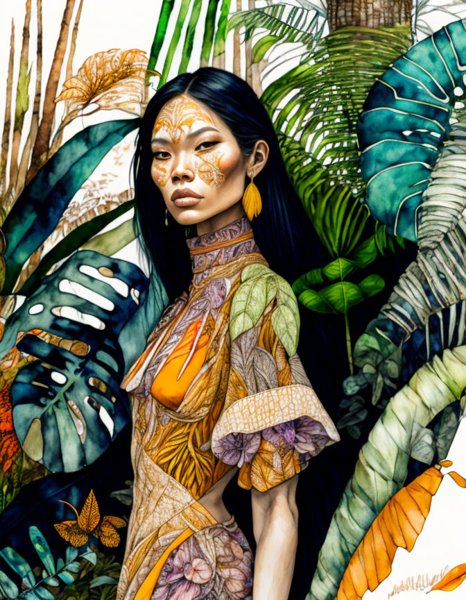 Woman with intricate face and body paint in lush tropical foliage