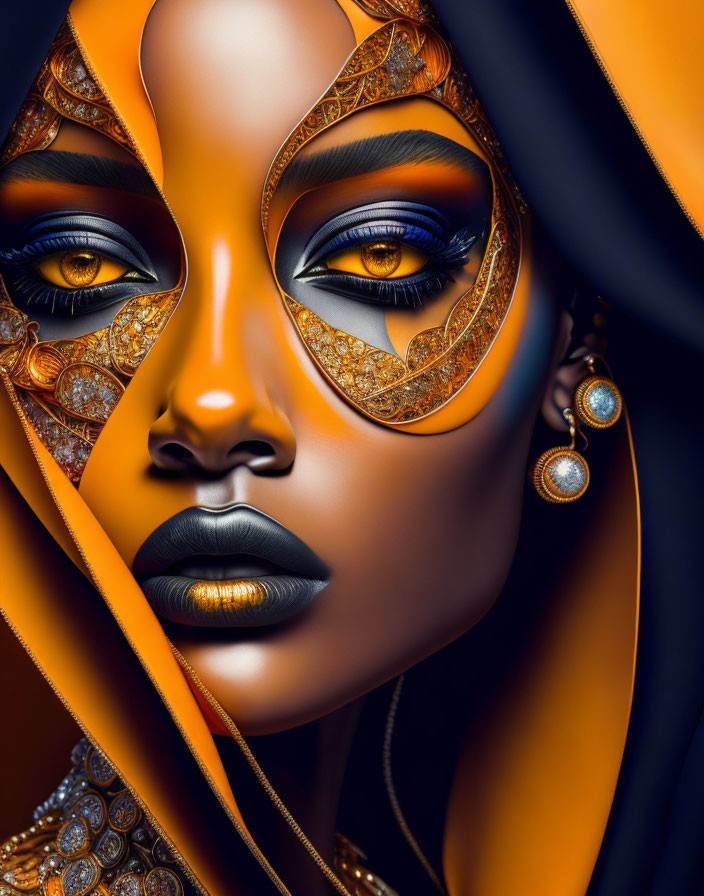 Woman with Golden Makeup and Jewelry in Orange Fabric