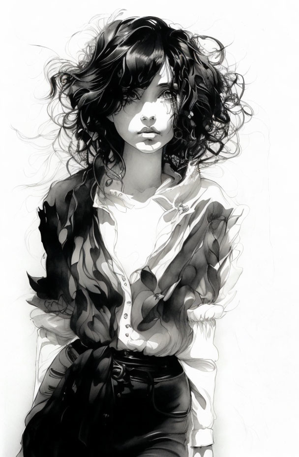 Monochromatic portrait of person with curly hair in light blouse and dark pants