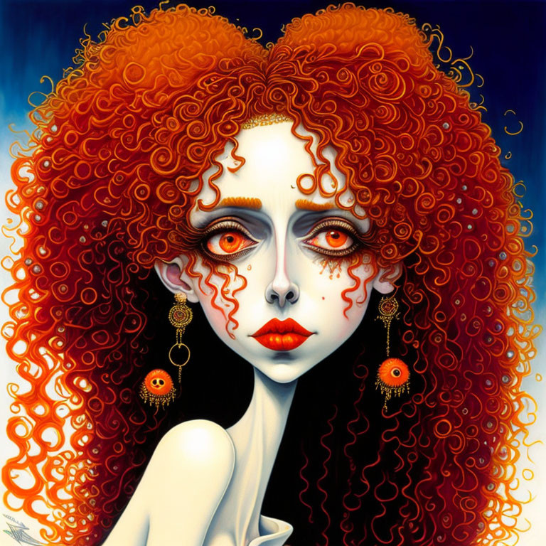 Illustration of woman with voluminous red hair, pale skin, dark eyes, and red teard