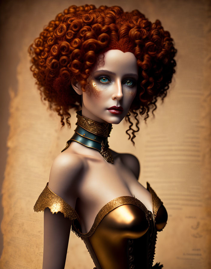 Digital artwork: Female figure with red curly hair and blue eyes in golden armor and corset on beige