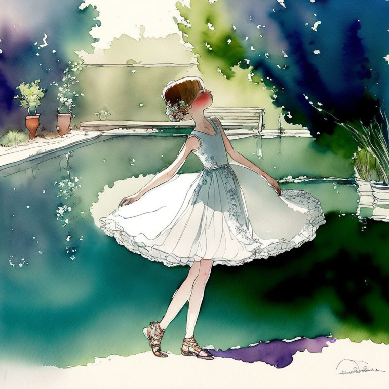 Watercolor illustration of girl dancing on wooden dock by tranquil pond