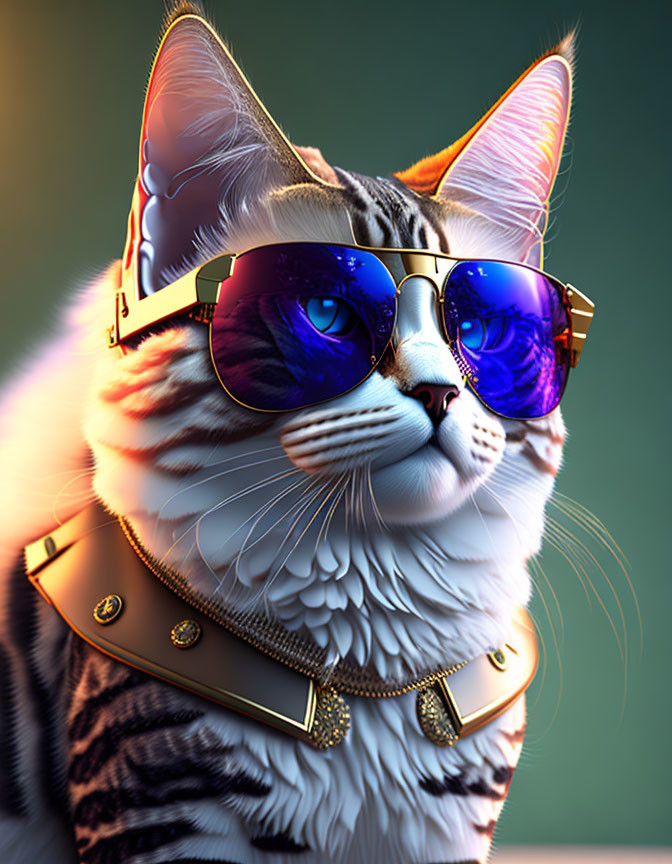 3D illustration of a cat in reflective sunglasses and stylish collar